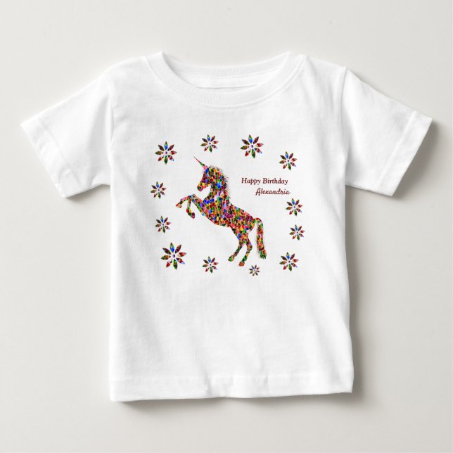 Magic Unicorn Flowers Birthday Personalize White T Shirt (Framsida)
