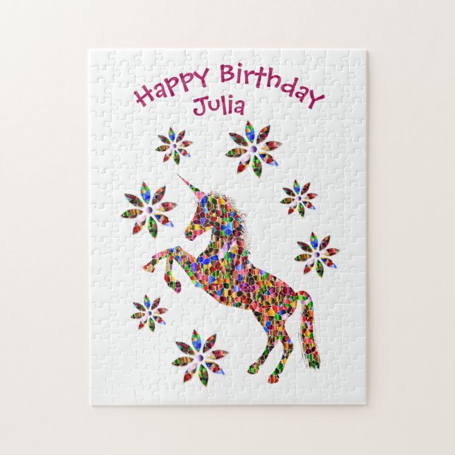 Magic Unicorn Flowers Grattis på födelsedagen Pers Pussel (Vertikal)