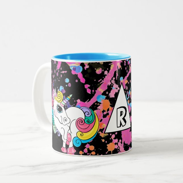 Magic Unicorn Girly Rainbow Retro Paint Splatter Två-Tonad Mugg (Framsida vänster)