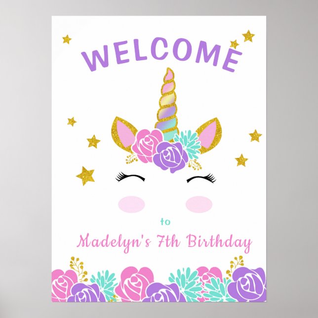 Magic Unicorn Glitter Stars Birthday Välkommen Poster (Framsidan)