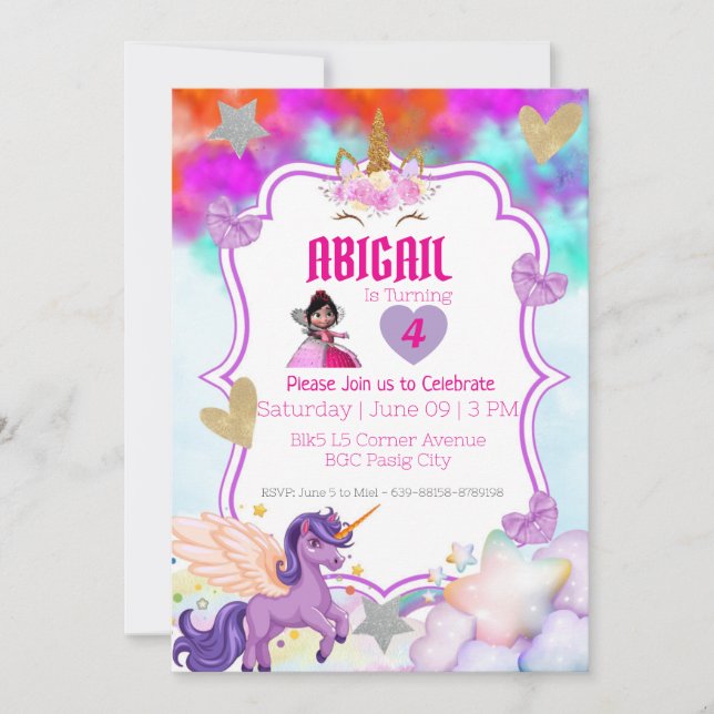 Magic Unicorn-inbjudan - Violet & Rosa Glitter Inbjudningar (Framsida)