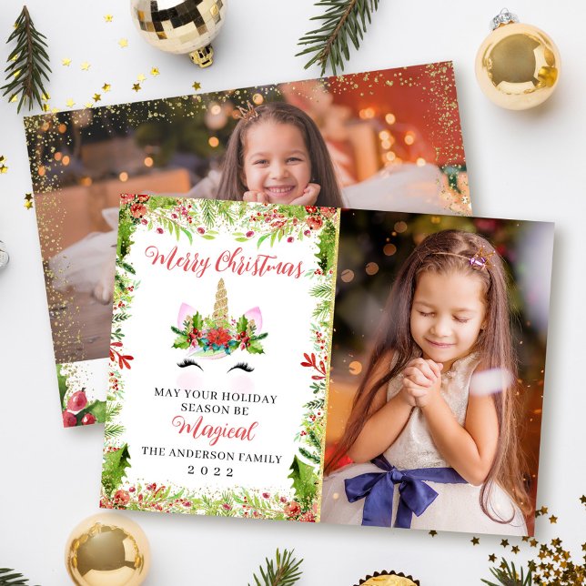 Magic Unicorn jul Holly Berries 2 Photo Julkort (Skapare uppladdad)