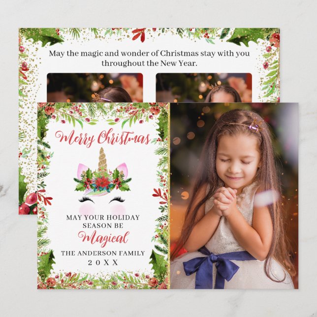 Magic Unicorn jul Holly Berries 3 Photo Julkort (Fram/baksida)