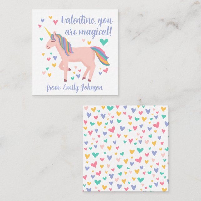 Magic Unicorn Kids Classroom Valentine Card Anteckningskort (Fram/baksida)