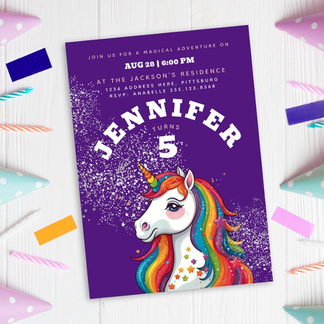 Magic Unicorn Lila Glitter Rainbow Stars Inbjudningar (Skapare uppladdad)