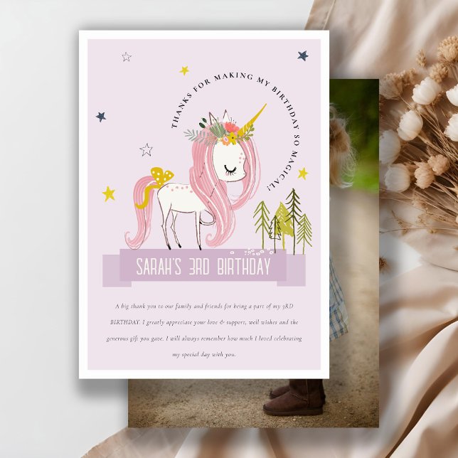 Magic Unicorn Lilac Lila Kids Photo Birthday Tack Kort (Skapare uppladdad)