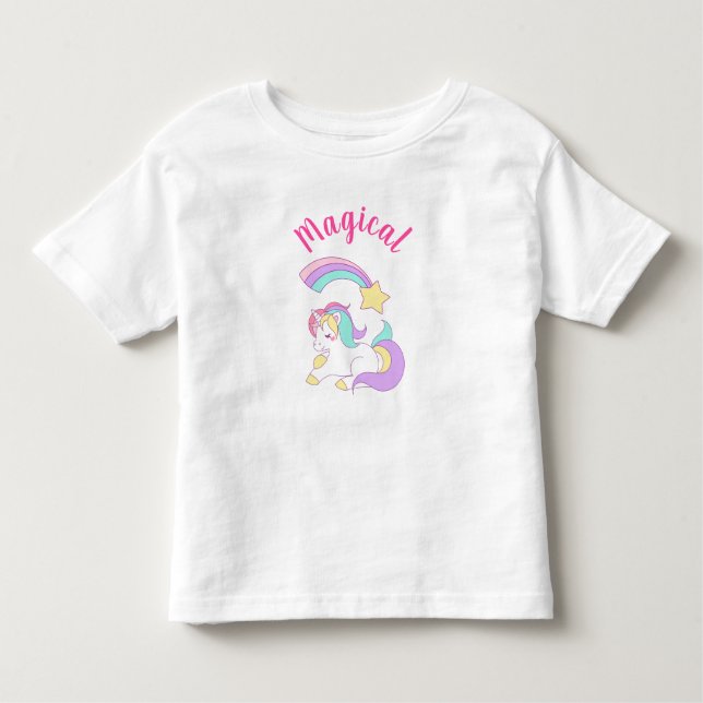 Magic Unicorn med Rainbow Shooting Star T Shirt (Framsida)