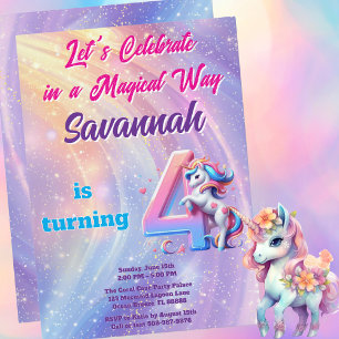 Magic Unicorn Pastel 4e födelsedagen Party Inbjudningar