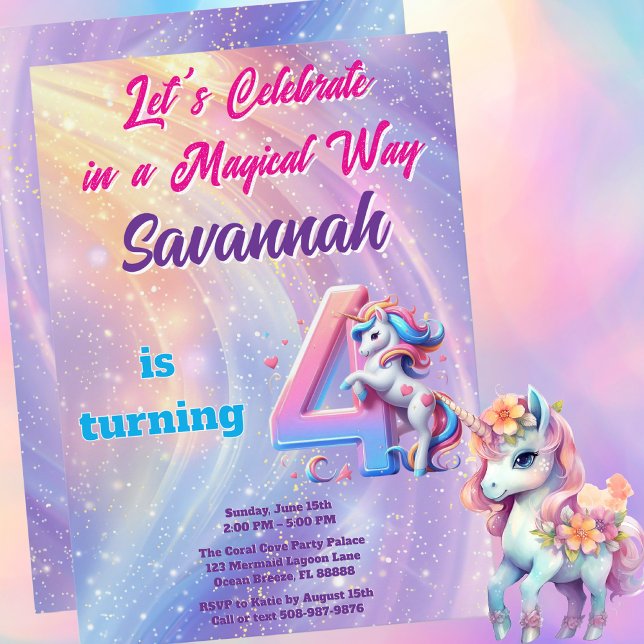 Magic Unicorn Pastel 4e födelsedagen Party Inbjudningar (Magical Unicorn Birthday Party Invitation)