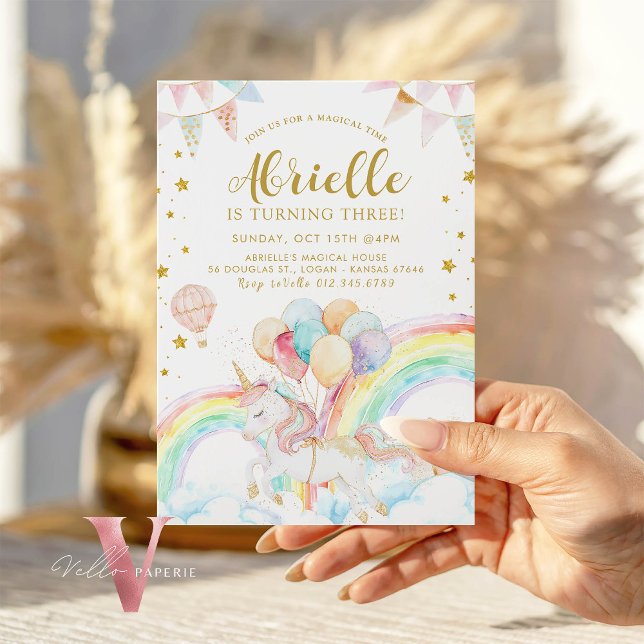 Magic Unicorn Pastel Rainbow Guld Glitter Bday Inbjudningar (Skapare uppladdad)