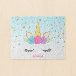 Magic Unicorn Personlig Kids Pussel<br><div class="desc">Unik för barn för enmajspussel. Den här söta designen har en enhörnig ansikte,  blommor och stjärnor. Anpassa med namn för en speciell gåva!</div>