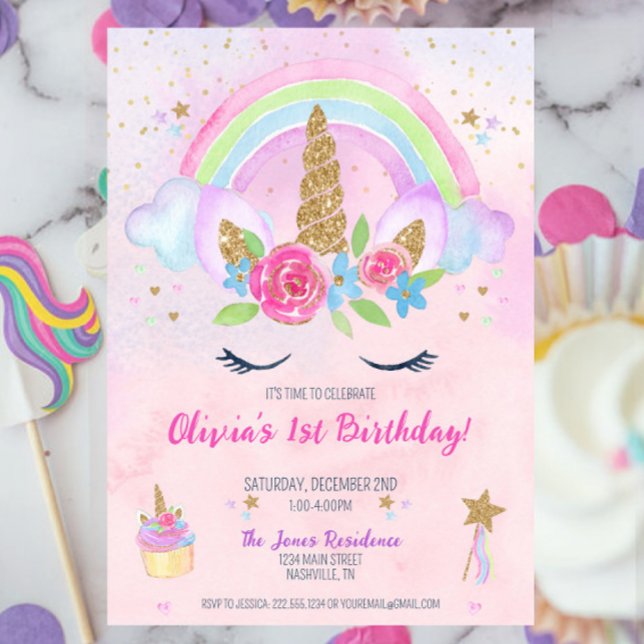 Magic Unicorn Rainbow 1:a födelsedagsinbjudan Inbjudningar (Pink Magical Unicorn Rainbow 1st Birthday Party Invitation, Pastel Unicorn Party, Girl Birthday)