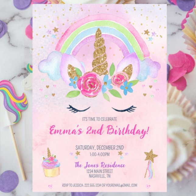 Magic Unicorn Rainbow 2:a födelsedagsinbjudan Inbjudningar (Unicorn Rainbow 2nd Birthday Party Invitation, Pastel Unicorn Birthday Party for Girl, Girly)