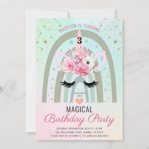 Magic Unicorn Rainbow 3rd Birthday Rosa Teal Inbjudningar