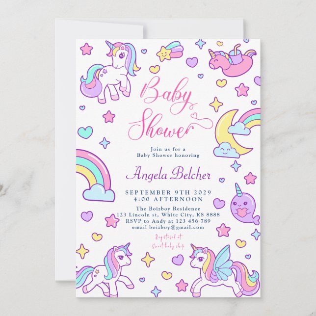 Magic Unicorn Rainbow Baby Shower Inbjudningar (Framsida)