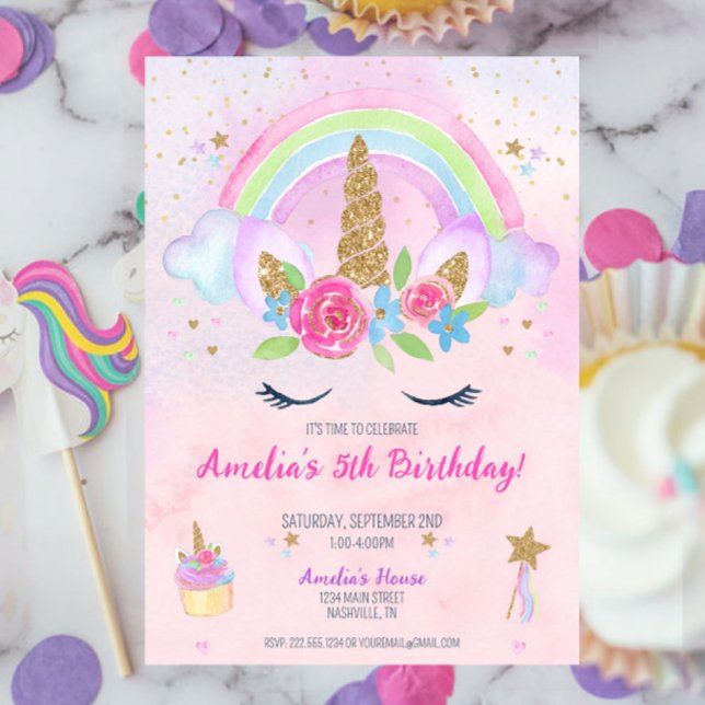Magic Unicorn Rainbow Birthday-inbjudan Inbjudningar (Pink Magical Unicorn Rainbow 5th Birthday Invitation )