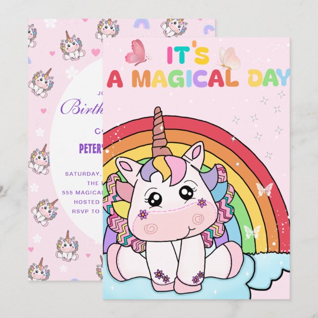 Magic Unicorn Rainbow Birthday-inbjudan Inbjudningar (Fram/baksida)