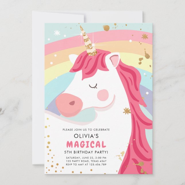 Magic Unicorn Rainbow Girl Birthday Inbjudan (Framsida)