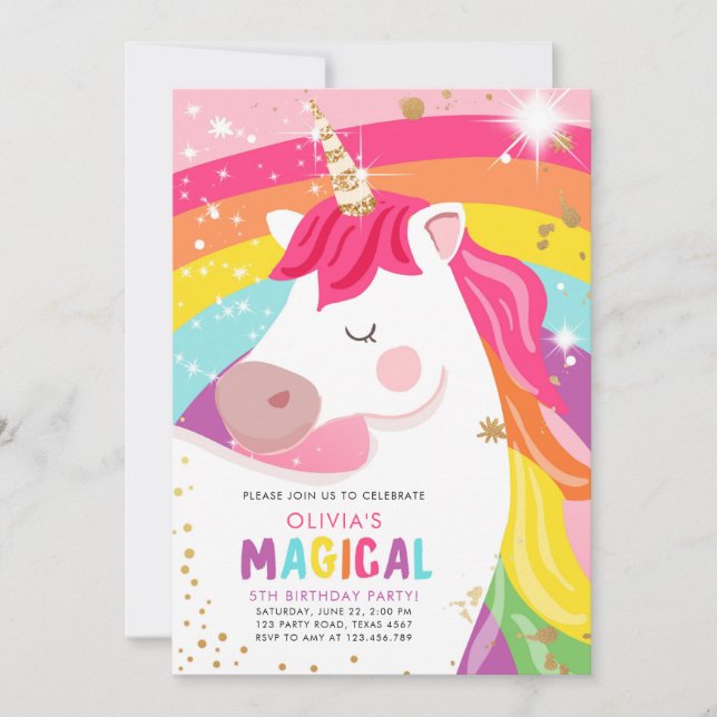 Magic Unicorn Rainbow Girl Birthday-inbjudan Inbjudningar (Framsida)