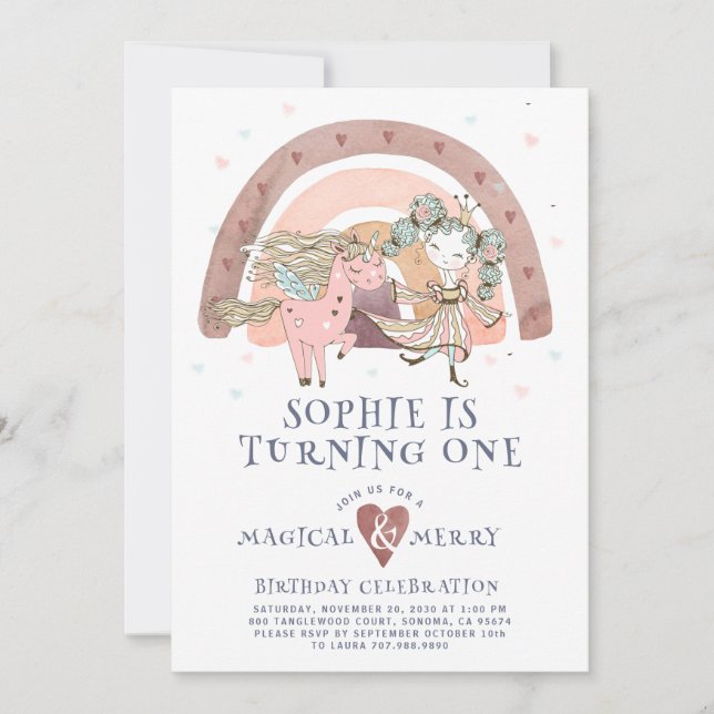 Magic Unicorn Rainbow Girl First Födelsedagsfest Inbjudningar (Framsida)