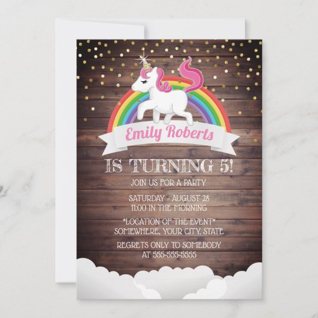 Magic Unicorn & Rainbow Guld Confetti Birthday Inbjudningar (Framsida)