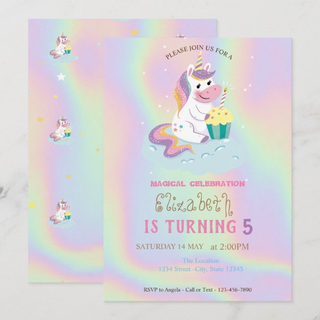 Magic Unicorn Rainbow HoloGraph Birthday Inbjudningar (Fram/baksida)