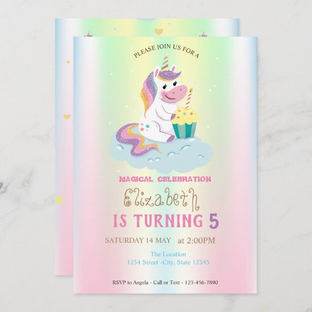 Magic Unicorn Rainbow Iridescent Birthday Inbjudningar (Fram/baksida)