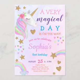 Magic Unicorn Rainbow Pastel Girl First Birthday Inbjudningar