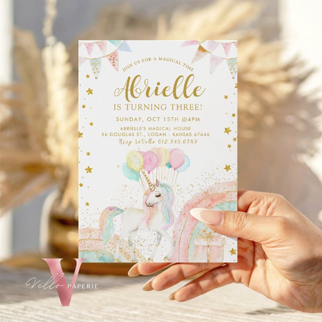 Magic Unicorn Rainbow Pastel Guld Glitter Bday Inbjudningar (Skapare uppladdad)