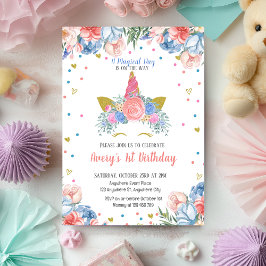 Magic Unicorn Rainbow Rosa Blommigt Birthday Inbjudningar