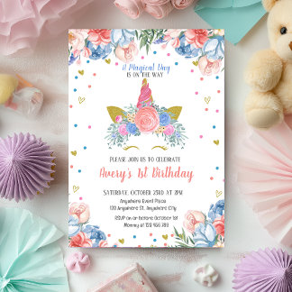 Magic Unicorn Rainbow Rosa Blommigt Birthday Inbjudningar