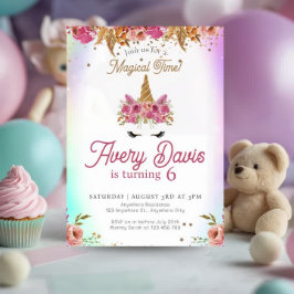 Magic Unicorn Rainbow Rosa Blommigt Birthday Inbjudningar