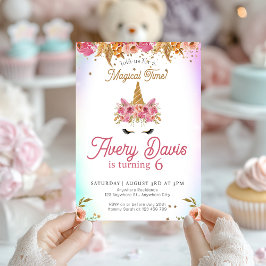 Magic Unicorn Rainbow Rosa Blommigt Birthday Inbjudningar