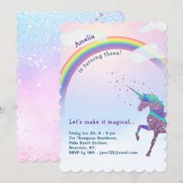 Magic Unicorn, Rainbow & Stars Glitter födelsedag Inbjudningar