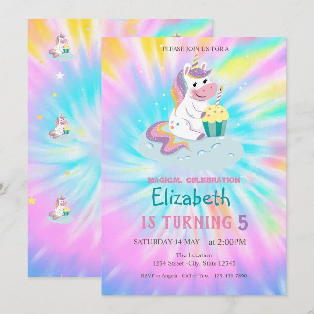 Magic Unicorn Rainbow Tie Dye Birthday Inbjudningar (Fram/baksida)