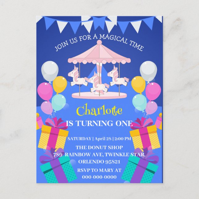 Magic Unicorn-regnbåge carousel mönster födelsedag Inbjudan Vykort (Framsida)