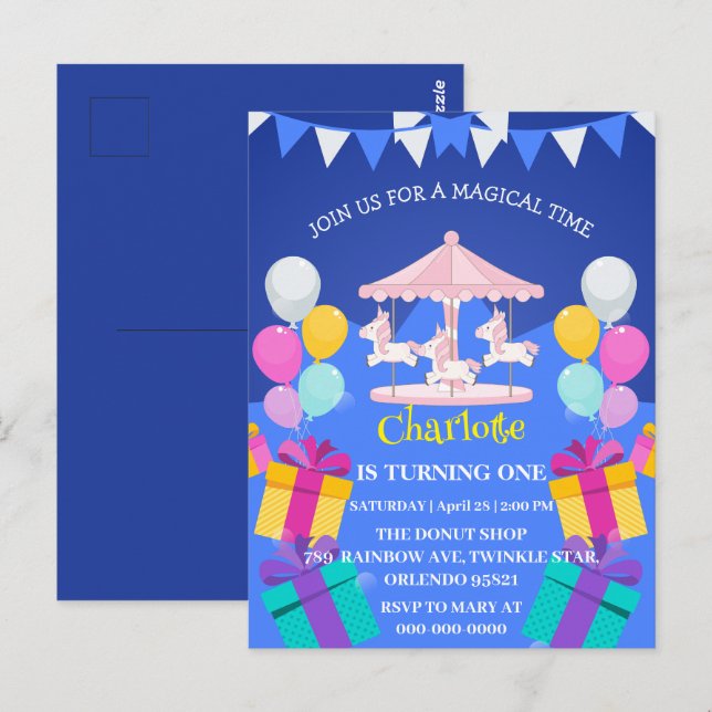 Magic Unicorn-regnbåge carousel mönster födelsedag Vykort (Fram/baksida)