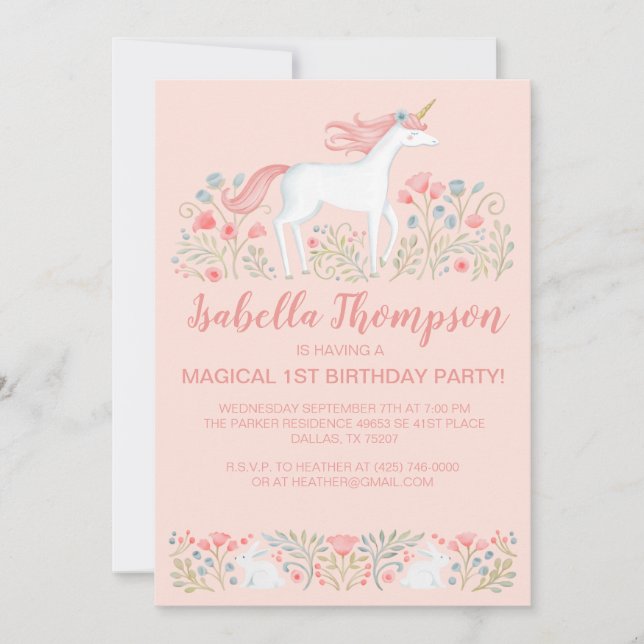 Magic Unicorn Rosa 1st Birthday Party bjudande Inbjudningar (Framsida)