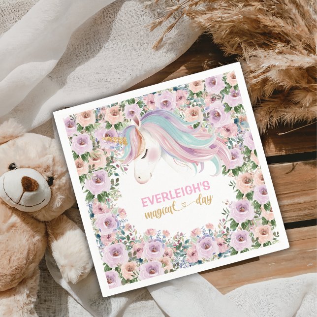 Magic Unicorn Rosa Flower 1:a födelsedag Pappersservett (Skapare uppladdad)