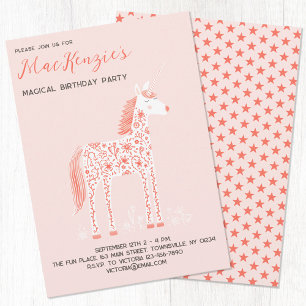 Magic Unicorn Rosa Födelsedagsfest Inbjudningar