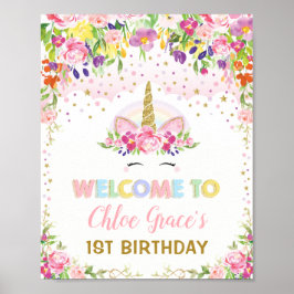 Magic Unicorn Rosa Guld Blommigt Birthday Välkomna Poster