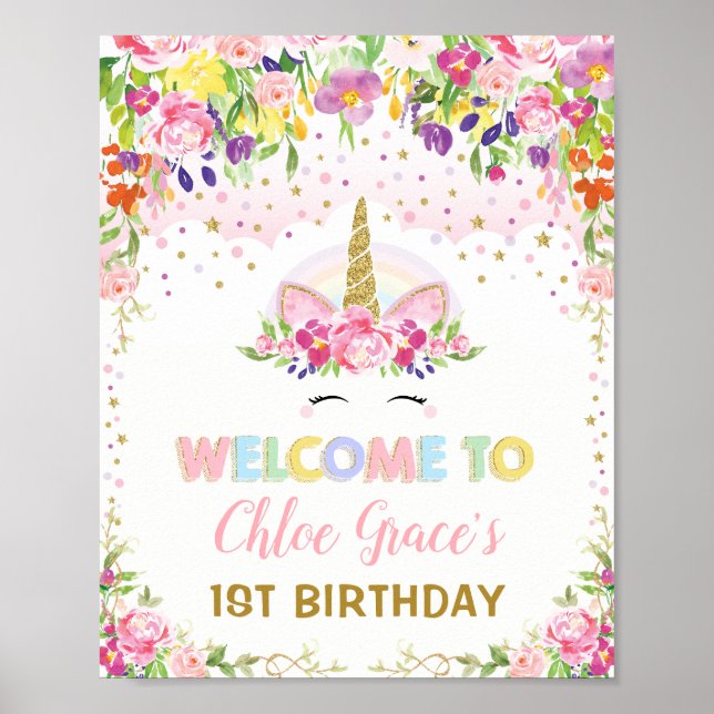 Magic Unicorn Rosa Guld Blommigt Birthday Välkomna Poster (Framsidan)