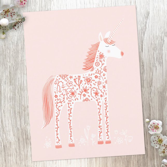 Magic Unicorn  Rosa Vykort (Floral unicorn postcard)