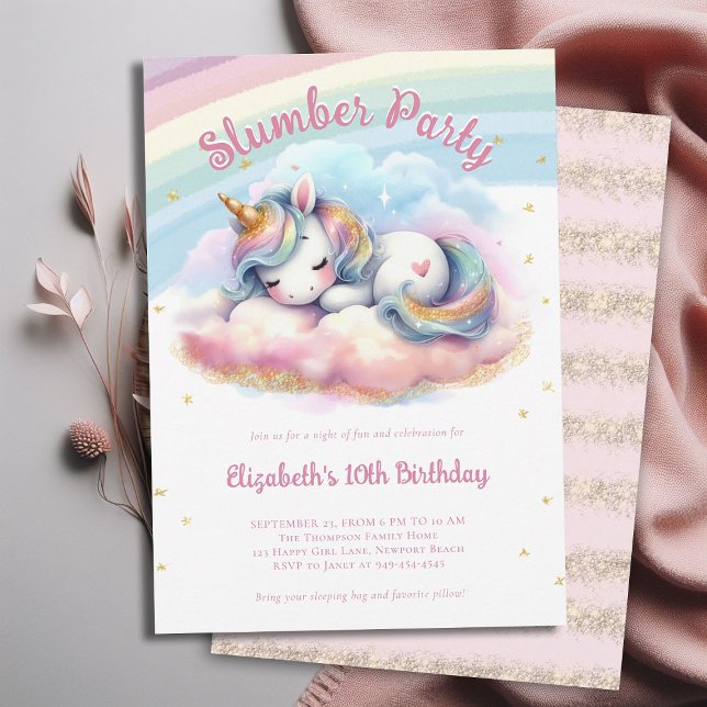 Magic Unicorn Slumber Pajama Party Girl Birthday Inbjudningar (magical unicorn child girls slumber pajama pj sleepover party invitation teal pink purple gold)