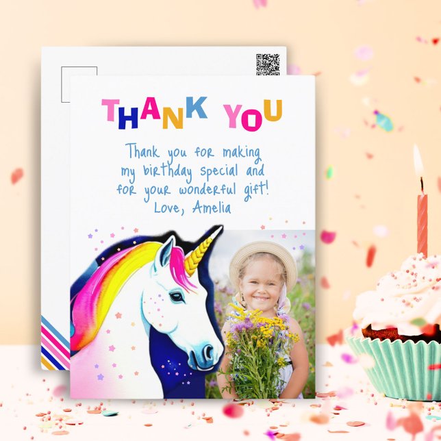 Magic Unicorn Star Girl Photo Birthday Tack Vykort (Skapare uppladdad)