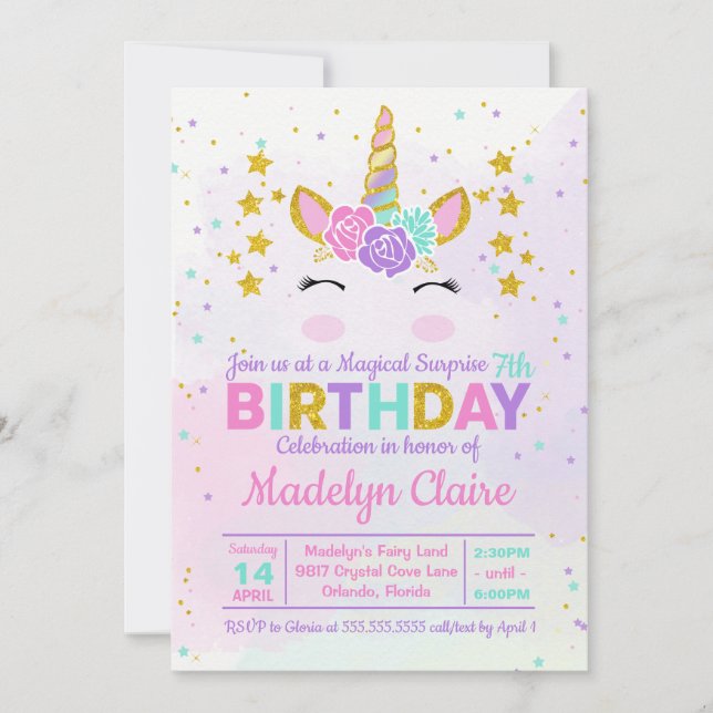 Magic Unicorn Surprise Födelsedagsfest inbjudan (Framsida)