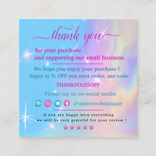 Magic Unicorn tack Fyrkantigt Visitkort (Baksida)