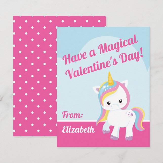 Magic Unicorn Valentine Classroom Note Card Anteckningskort (Fram/baksida)