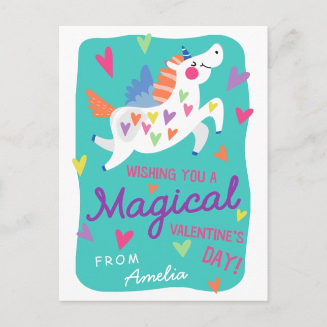 Magic Unicorn vycard Storlek Classroom Valentine Helg Vykort (Framsida)
