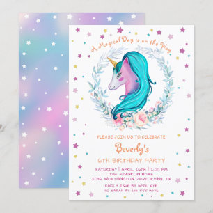 Magic Unicorn Watercolor Blommigt Birthday Inbjudningar
